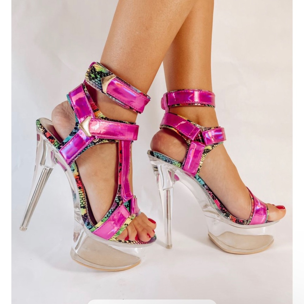 Golden bull rainbow snake and hot metallic pink stripper 6 inch heels